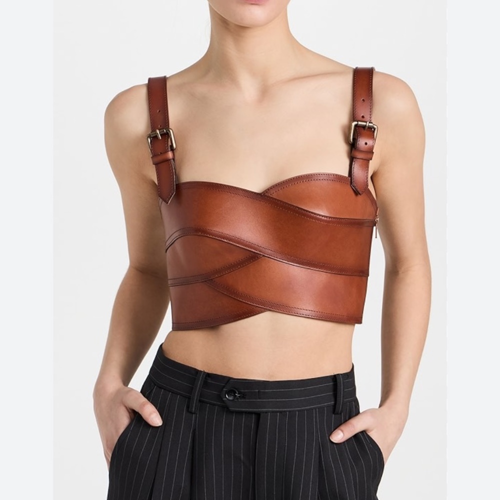 MONSE Brown Leather Crop Top with Buckled Straps